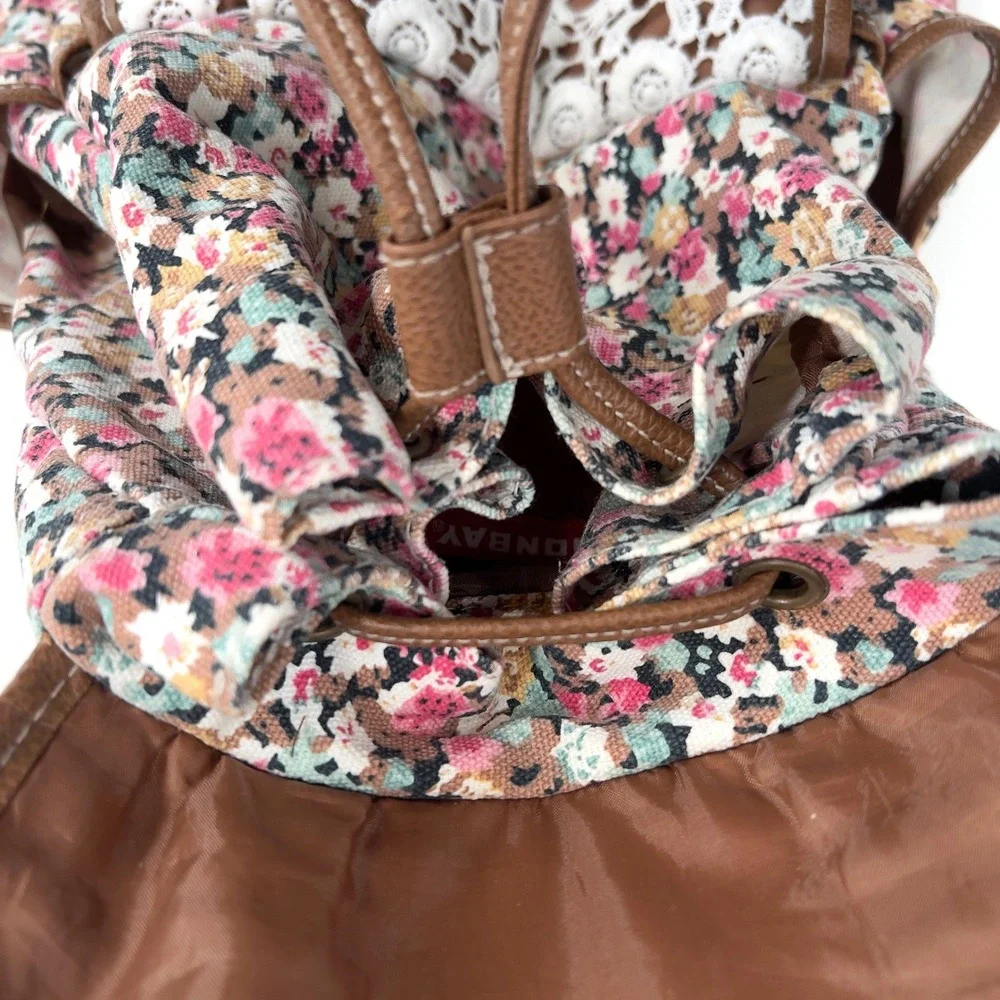 Vintage Unionbay Womens Backpack Brown Floral‎ Lace Cottagecore Coquette Boho